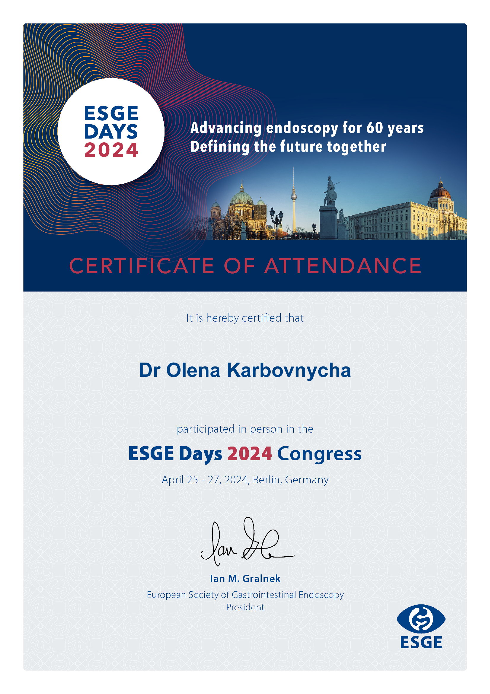 Сертифікат ESGE Days 2024 Олени Карбовничої