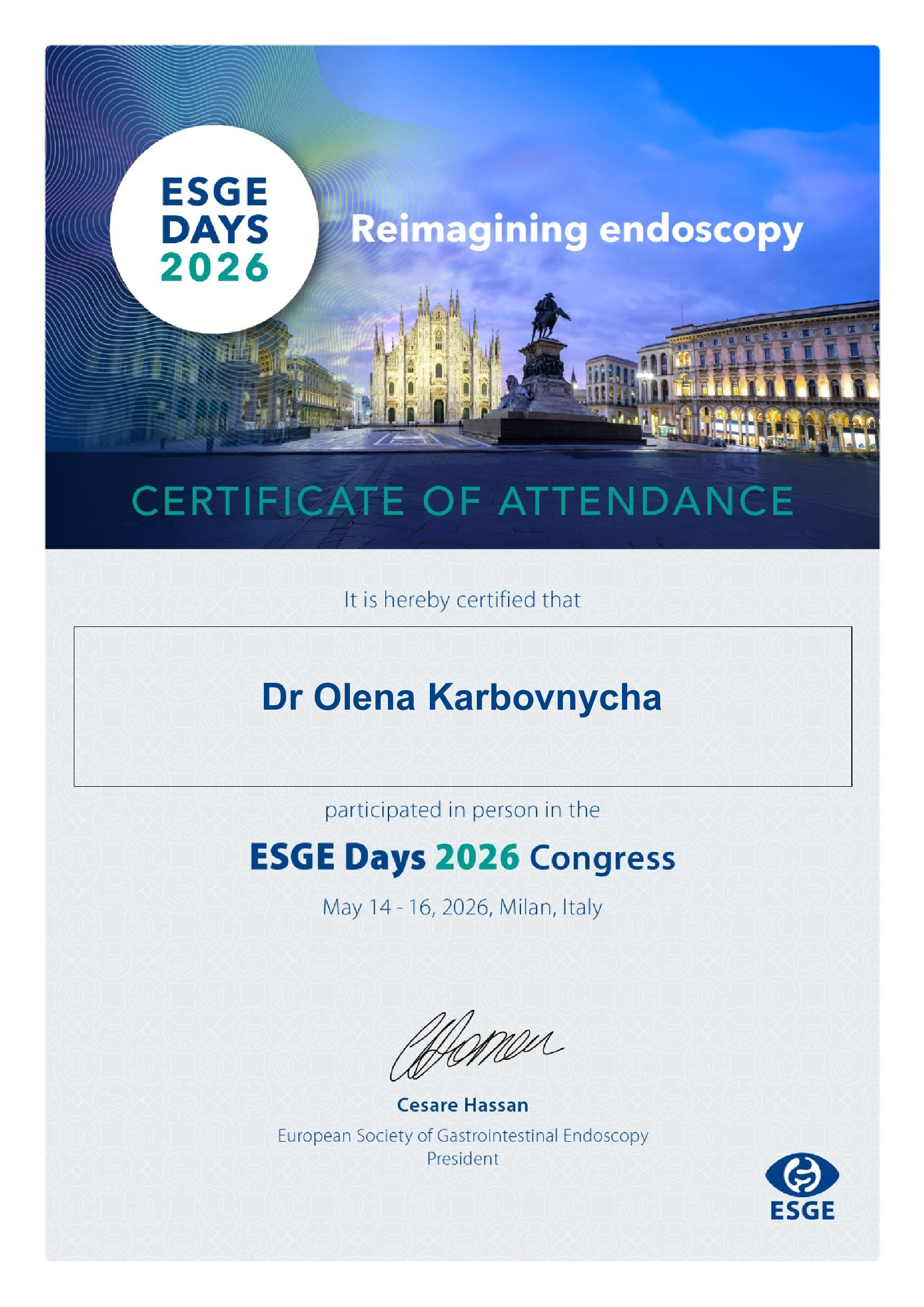 Сертифікат Олени Карбовничої про участь у ESGE Days 2026 у Мілані
