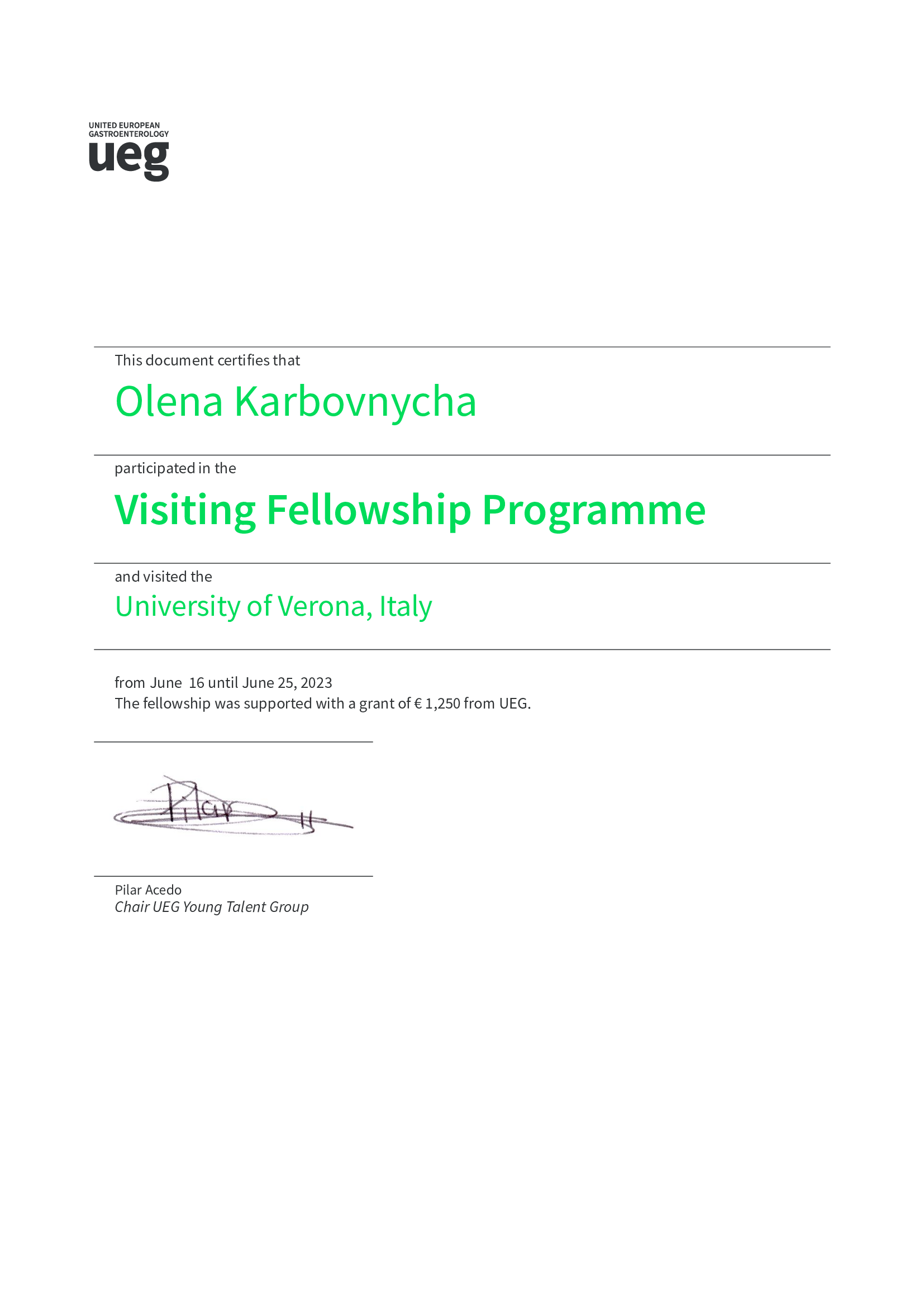Сертифікат UEG Visiting Fellowship Programme Олени Карбовничої в University of Verona